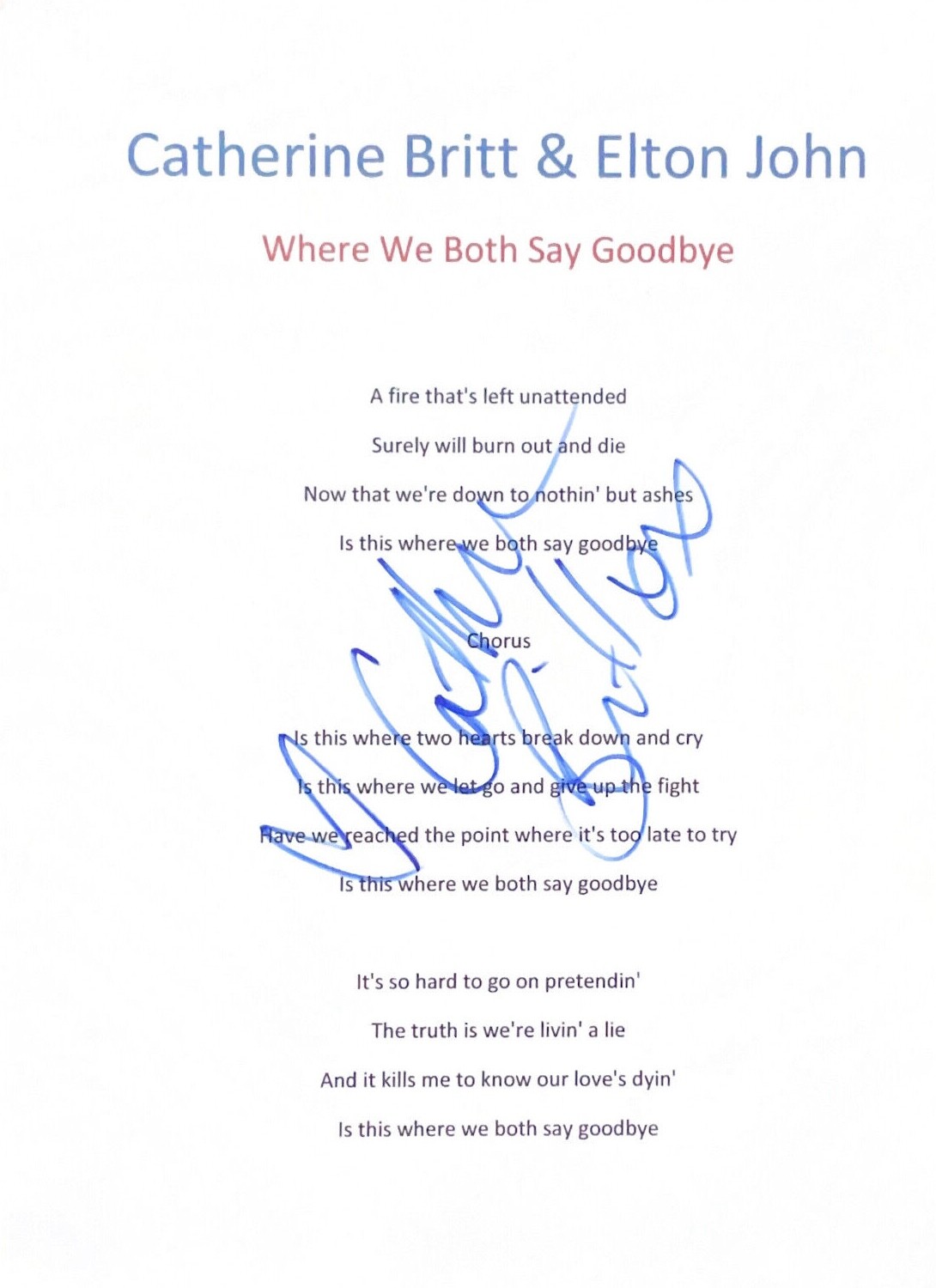 CATHERINE BRITT Signed Autograph Lyrics 