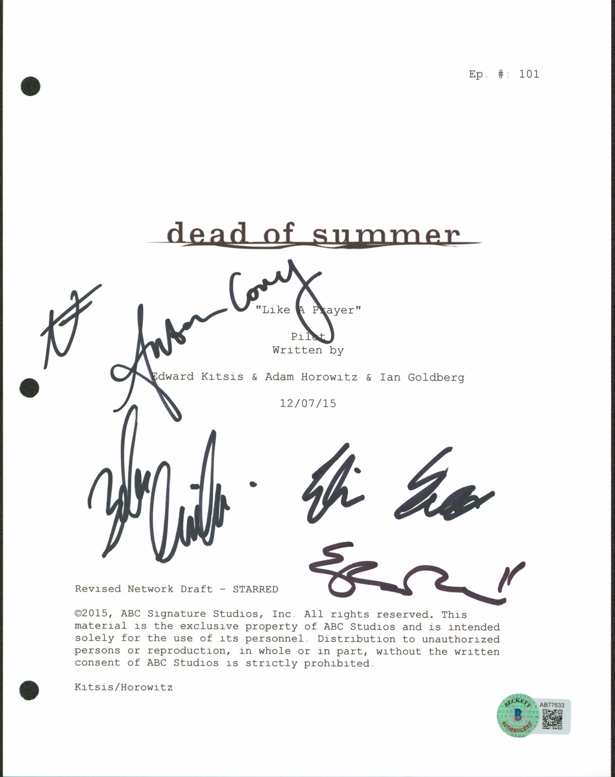 Dead Of Summer (5) Goree, Mitchell, Coney +2 Signed Script Cover BAS #AB77633