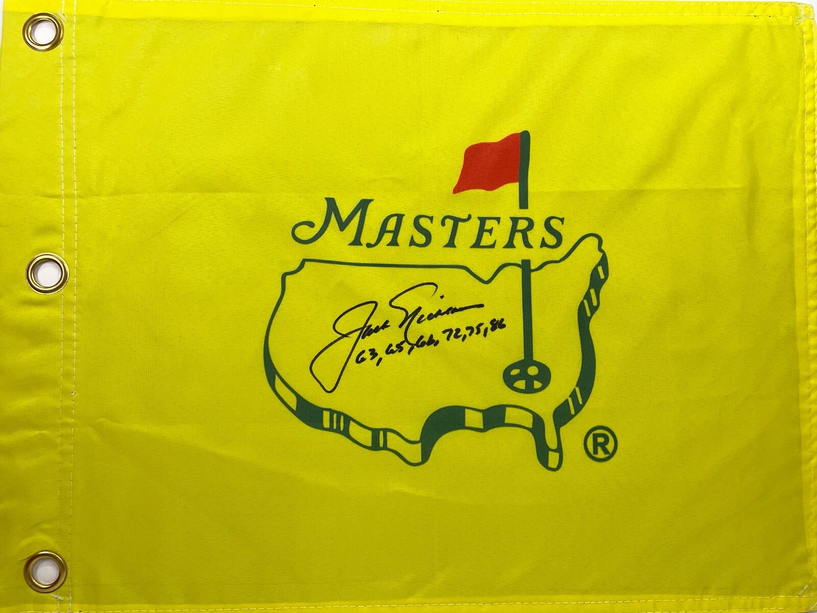 JACK NICKLAUS Signed Autograph 13x17.5 Yellow Masters Flag With Stats JSA LOA