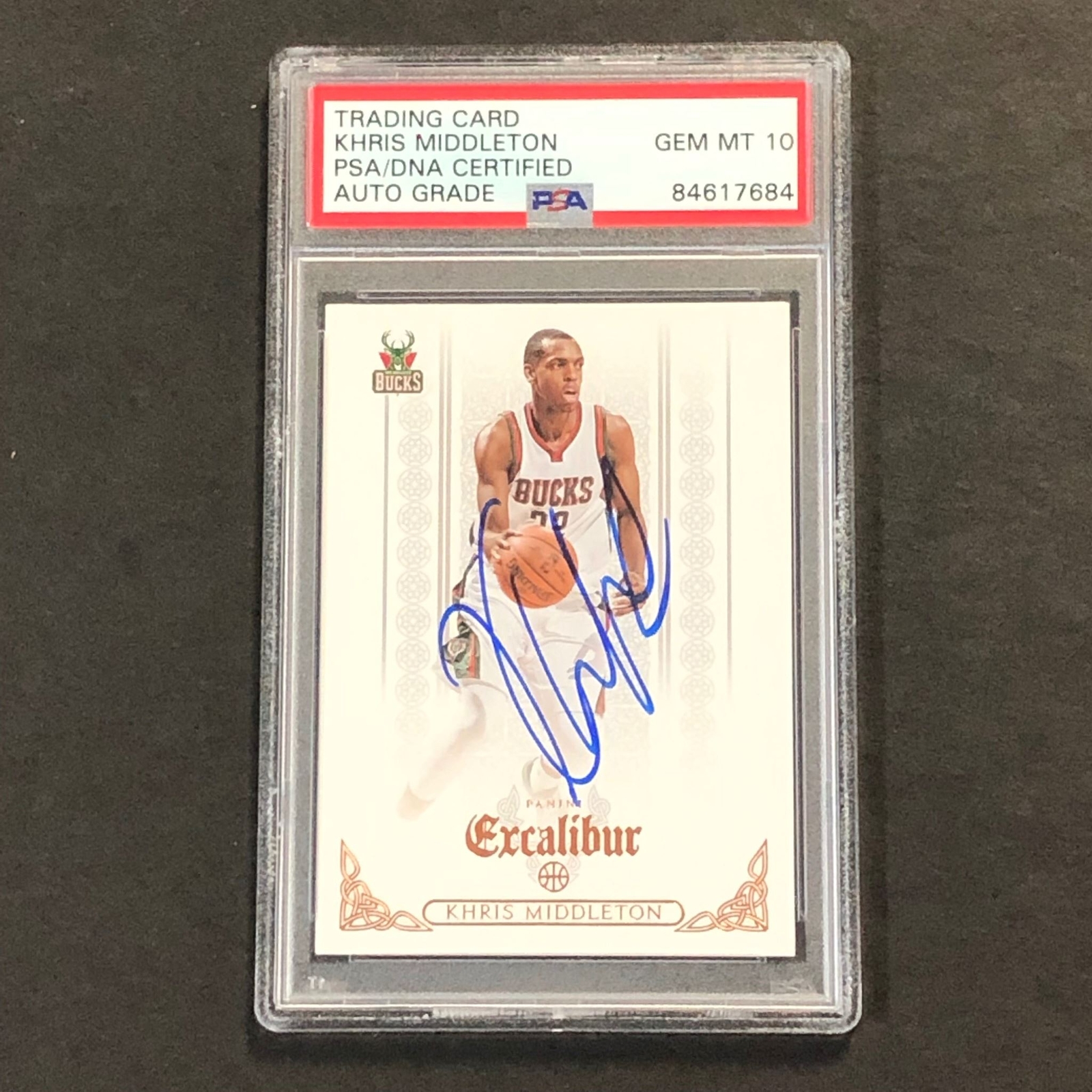 2014-15 Panini Excalibur #22 Khris Middleton Signed Card AUTO 10 PSA/DNA Slabbed