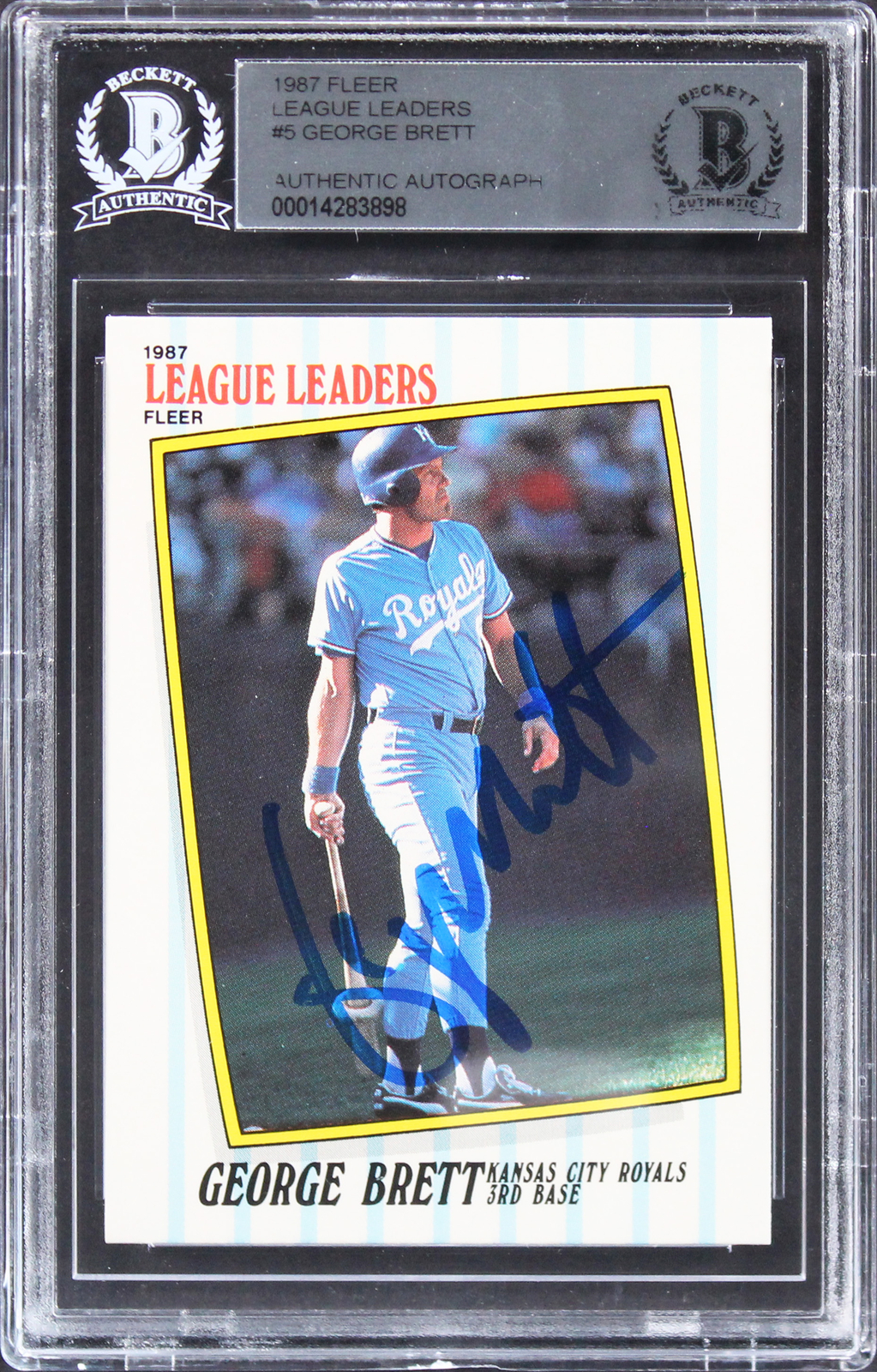 ROYALS GEORGE BRETT AUTHENTIC SIGNED 1987 FLEER LEAGUE LEADERS #5 CARD BAS SLAB COLLECTIBLE MEMORABILIA