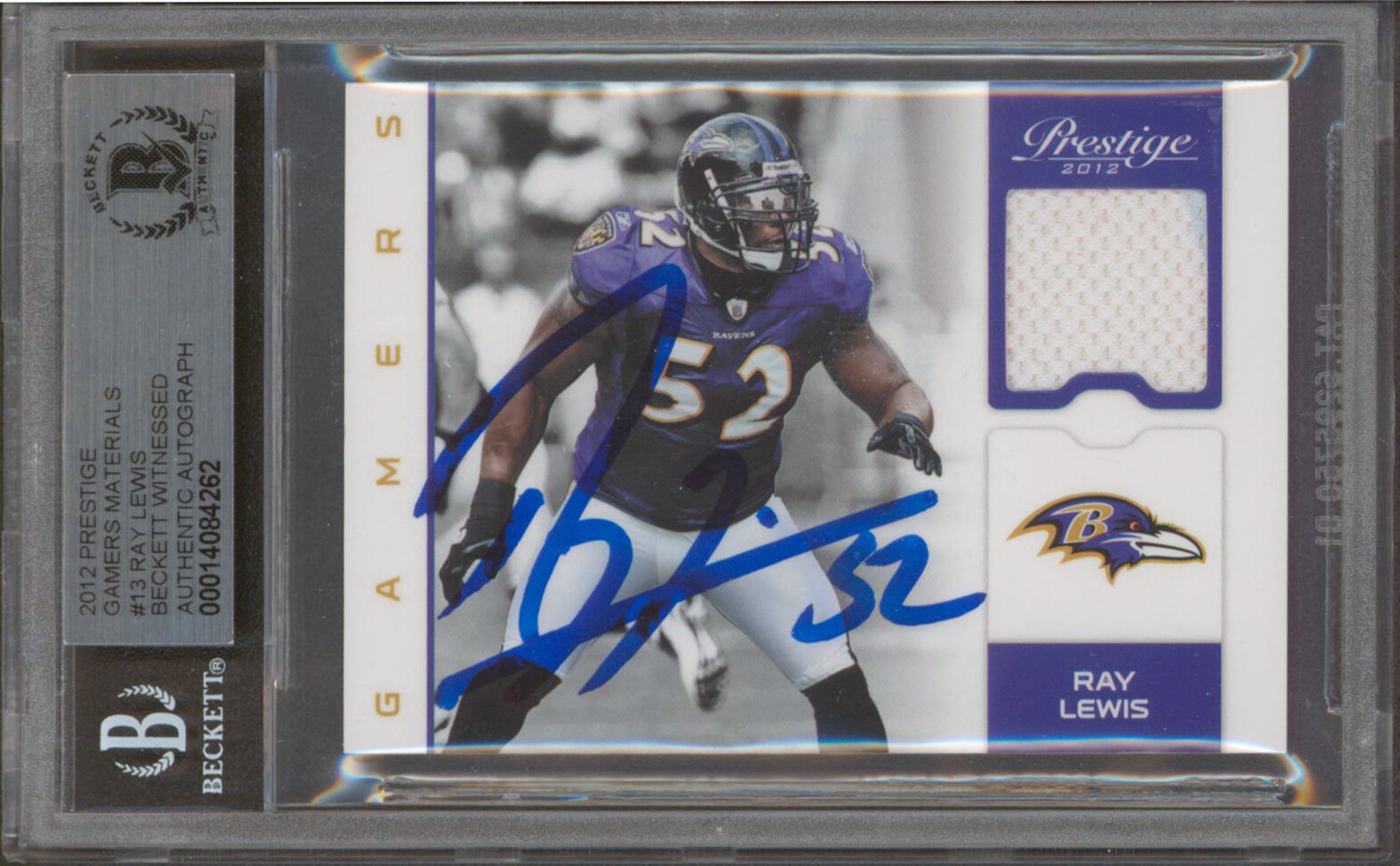 RAVENS RAY LEWIS SIGNED 2012 PRESTIGE GAME MATERIALS #13 CARD AUTO 10! BAS SLAB COLLECTIBLE MEMORABILIA