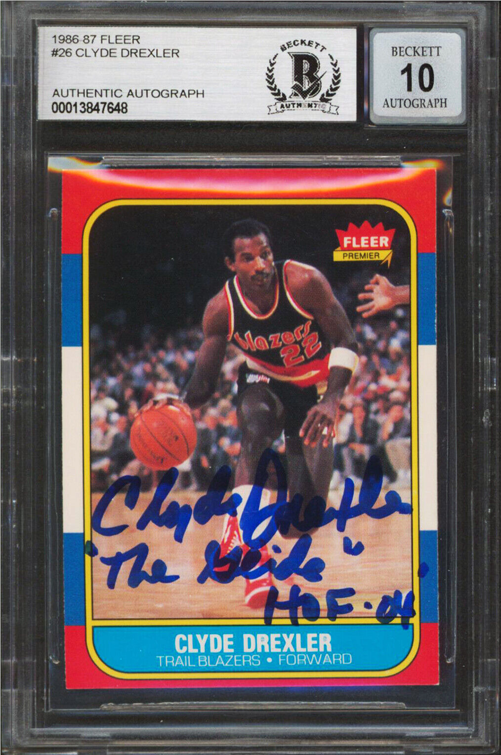 BLAZERS CLYDE DREXLER “2X INSC” SIGNED 1986 FLEER #26 RC CARD AUTO 10! BAS SLAB COLLECTIBLE MEMORABILIA