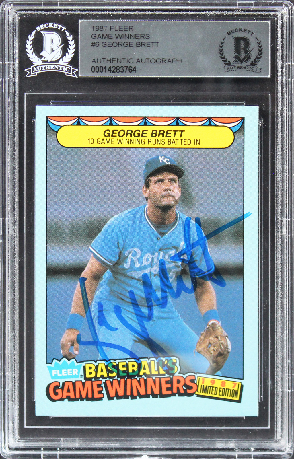 ROYALS GEORGE BRETT AUTHENTIC SIGNED 1987 FLEER GAME WINNERS #6 CARD BAS SLABBED COLLECTIBLE MEMORABILIA