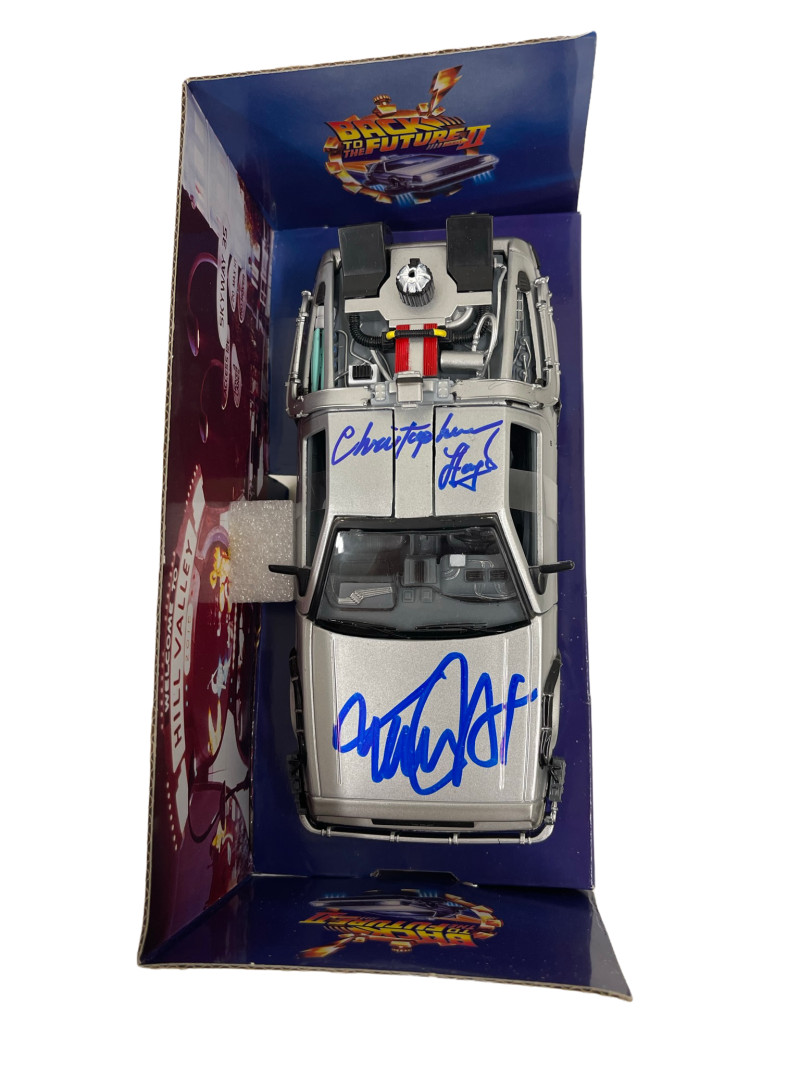 MICHAEL J FOX CHRISTOPHER LLOYD SIGNED BACK TO THE FUTURE 2 1:24 DELOREAN PSA 4