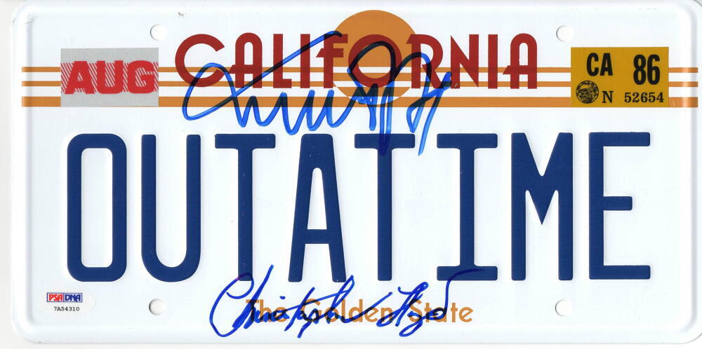 MICHAEL J FOX CHRISTOPHER LLOYD SIGNED BACK TO THE FUTURE LICENSE PLATE PSA 6