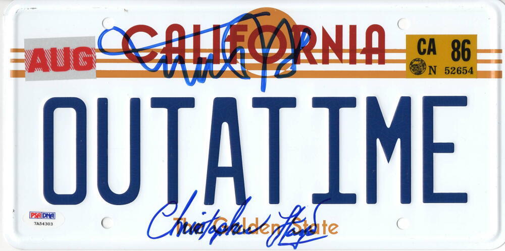 MICHAEL J FOX CHRISTOPHER LLOYD SIGNED BACK TO THE FUTURE LICENSE PLATE PSA 8