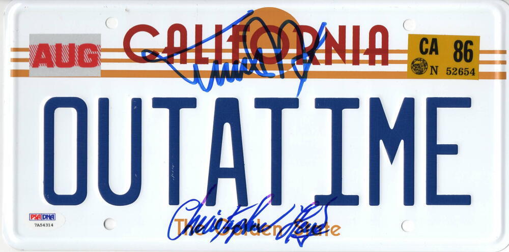 MICHAEL J FOX CHRISTOPHER LLOYD SIGNED BACK TO THE FUTURE LICENSE PLATE PSA 14