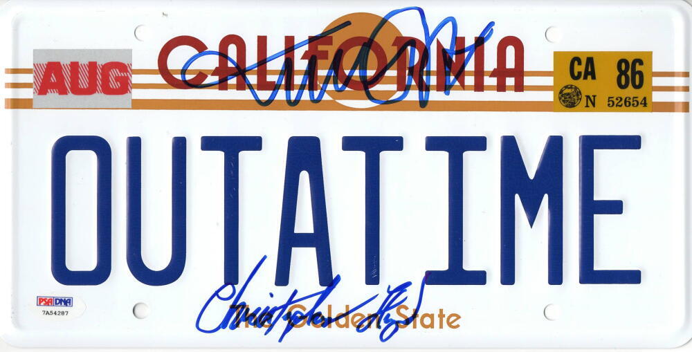 MICHAEL J FOX CHRISTOPHER LLOYD SIGNED BACK TO THE FUTURE LICENSE PLATE PSA 18