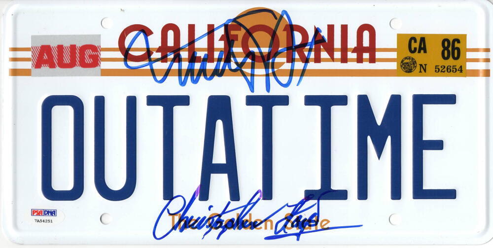 MICHAEL J FOX CHRISTOPHER LLOYD SIGNED BACK TO THE FUTURE LICENSE PLATE PSA 19