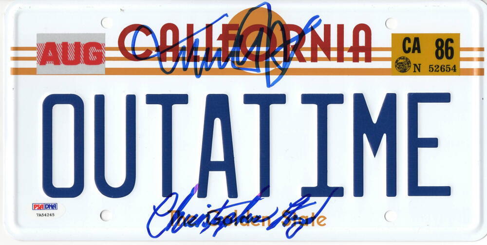 MICHAEL J FOX CHRISTOPHER LLOYD SIGNED BACK TO THE FUTURE LICENSE PLATE PSA 24