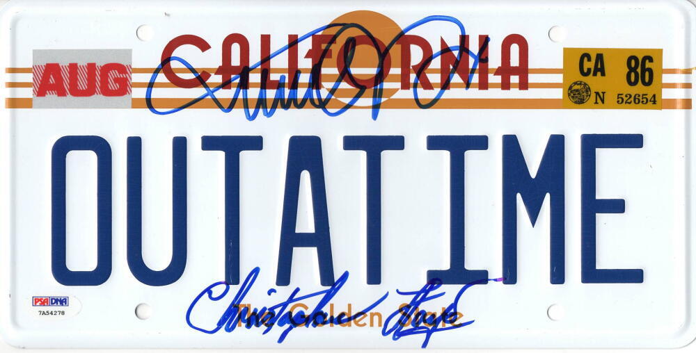 MICHAEL J FOX CHRISTOPHER LLOYD SIGNED BACK TO THE FUTURE LICENSE PLATE PSA 28