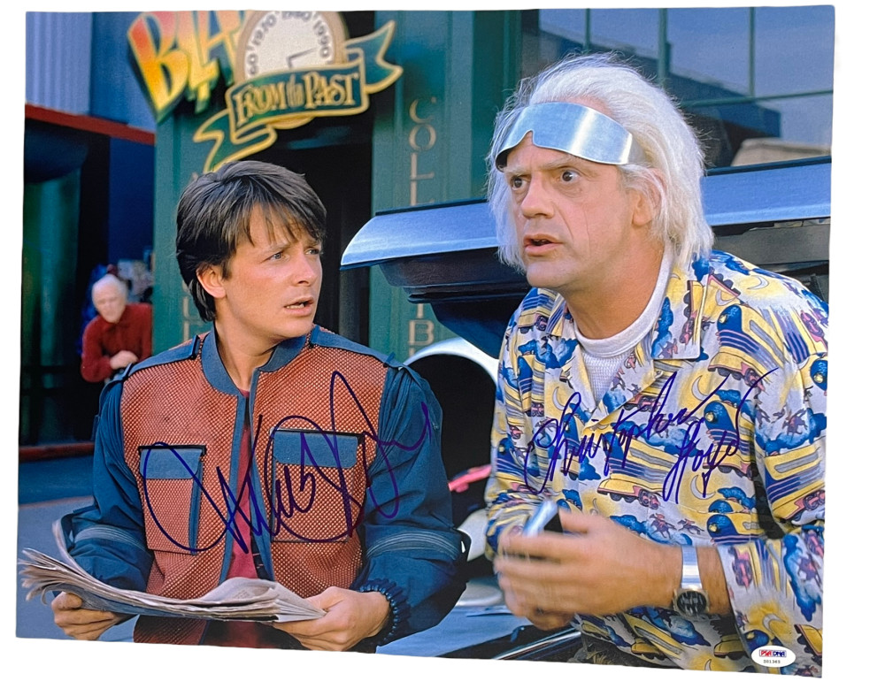 MICHAEL J FOX CHRISTOPHER LLOYD SIGNED 16X20 PHOTO BACK TO THE FUTURE AUTO PSA 4