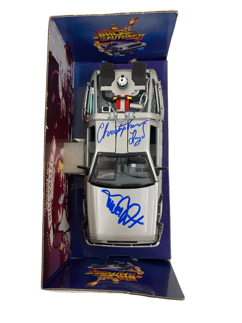 MICHAEL J FOX CHRISTOPHER LLOYD SIGNED BACK TO THE FUTURE 2 1:24 DELOREAN PSA 1