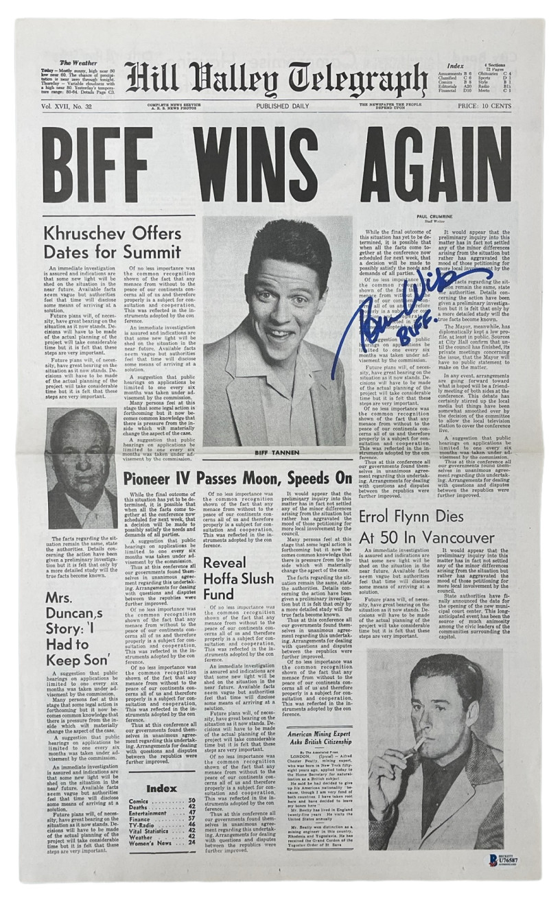 TOM WILSON SIGNED BACK TO THE FUTURE PROP REPLICA NEWSPAPER BIFF BECKETT COA 1