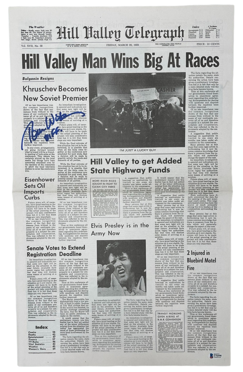 TOM WILSON SIGNED BACK TO THE FUTURE PROP REPLICA NEWSPAPER BIFF BECKETT COA 2