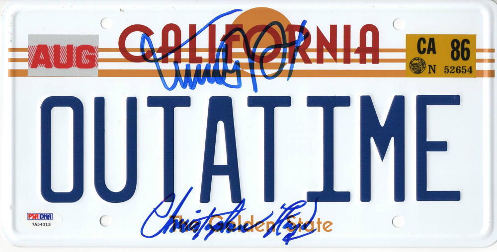 MICHAEL J FOX CHRISTOPHER LLOYD SIGNED BACK TO THE FUTURE LICENSE PLATE PSA 2
