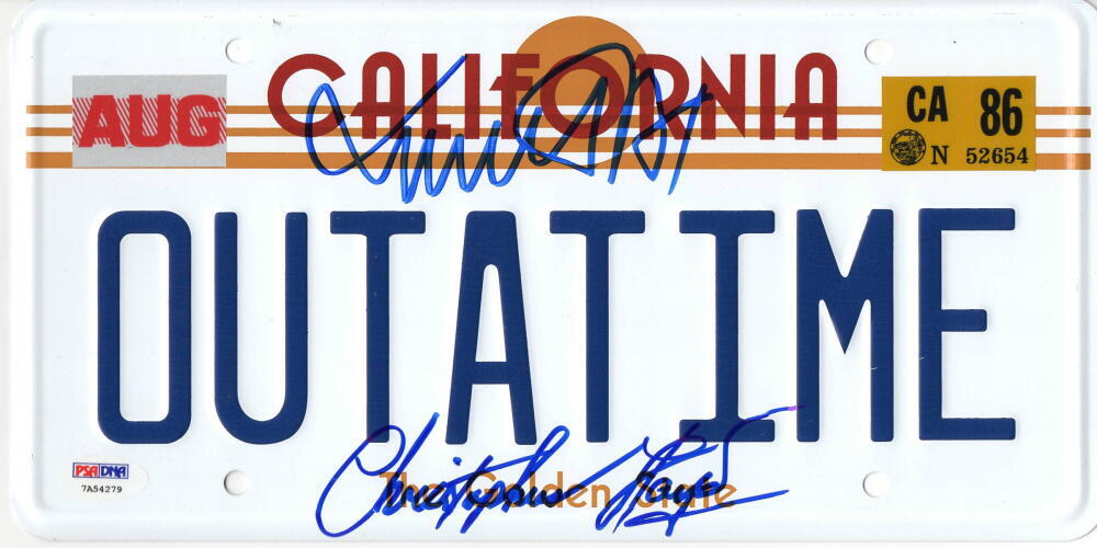 MICHAEL J FOX CHRISTOPHER LLOYD SIGNED BACK TO THE FUTURE LICENSE PLATE PSA 4