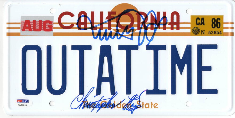 MICHAEL J FOX CHRISTOPHER LLOYD SIGNED BACK TO THE FUTURE LICENSE PLATE PSA 10