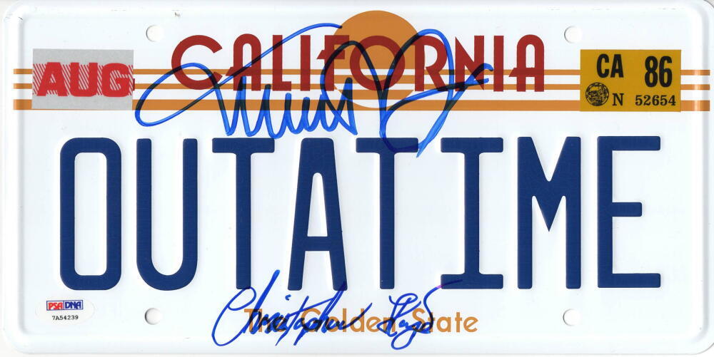 MICHAEL J FOX CHRISTOPHER LLOYD SIGNED BACK TO THE FUTURE LICENSE PLATE PSA 11