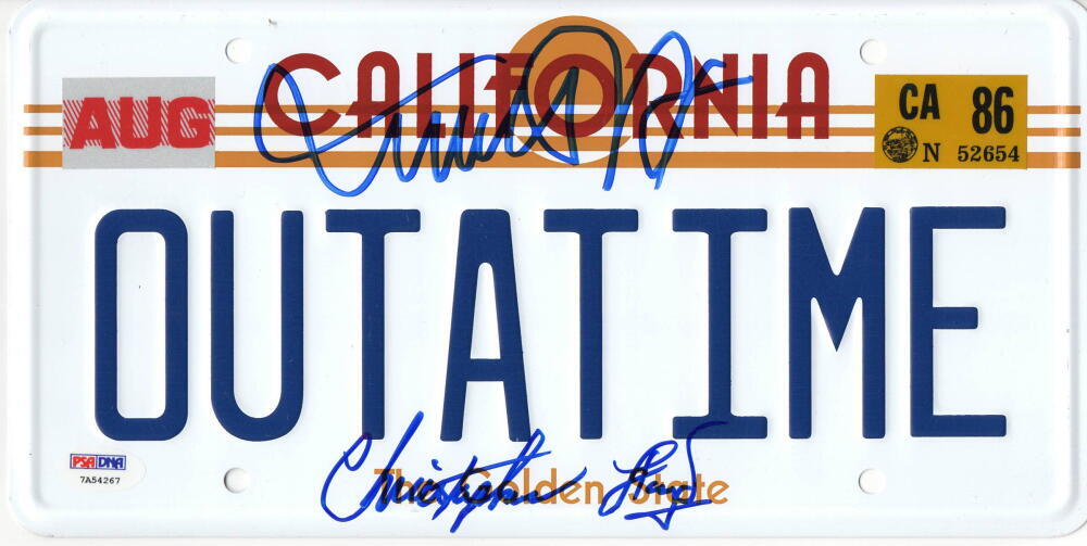 MICHAEL J FOX CHRISTOPHER LLOYD SIGNED BACK TO THE FUTURE LICENSE PLATE PSA 13