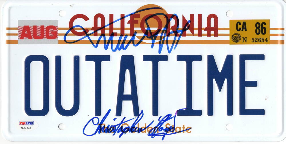MICHAEL J FOX CHRISTOPHER LLOYD SIGNED BACK TO THE FUTURE LICENSE PLATE PSA 16