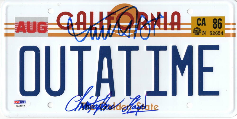 MICHAEL J FOX CHRISTOPHER LLOYD SIGNED BACK TO THE FUTURE LICENSE PLATE PSA 20 COLLECTIBLE MEMORABILIA