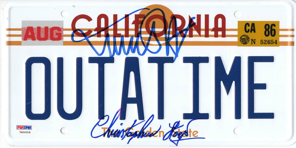 MICHAEL J FOX CHRISTOPHER LLOYD SIGNED BACK TO THE FUTURE LICENSE PLATE PSA 29