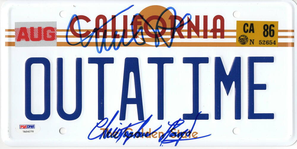 MICHAEL J FOX CHRISTOPHER LLOYD SIGNED BACK TO THE FUTURE LICENSE PLATE PSA 32