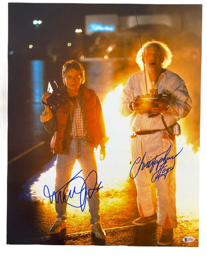 MICHAEL J FOX CHRISTOPHER LLOYD SIGNED 16X20 PHOTO BACK TO THE FUTURE BECKETT 3