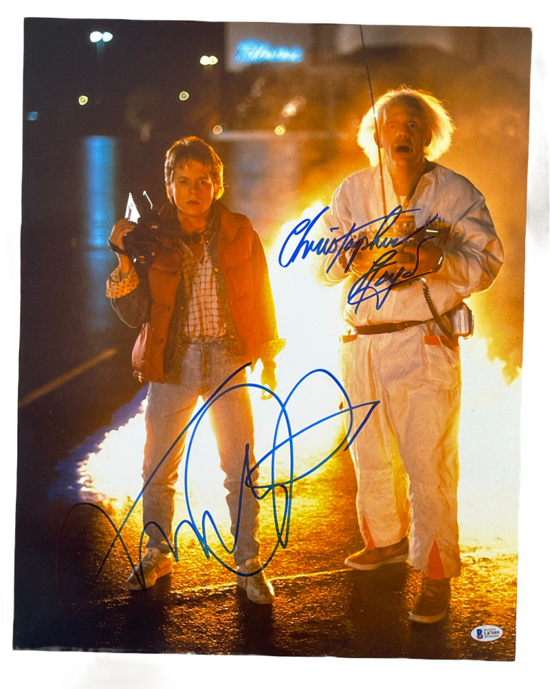 MICHAEL J FOX CHRISTOPHER LLOYD SIGNED 16X20 PHOTO BACK TO THE FUTURE BECKETT 5 COLLECTIBLE MEMORABILIA