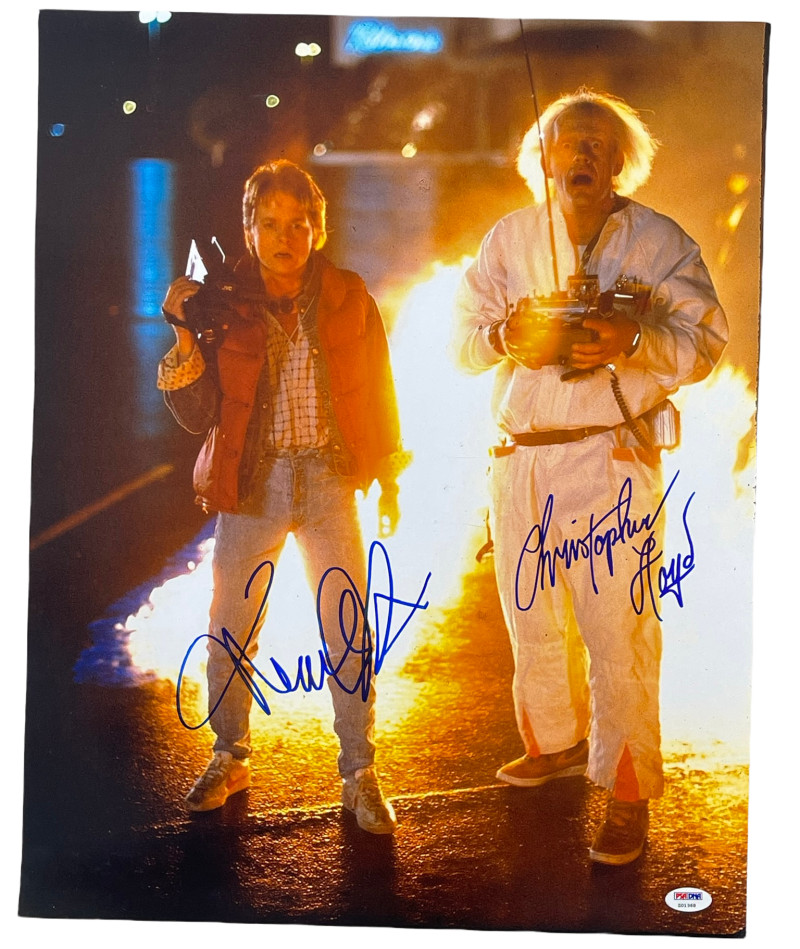 MICHAEL J FOX CHRISTOPHER LLOYD SIGNED 16X20 PHOTO BACK TO THE FUTURE AUTO PSA 2 COLLECTIBLE MEMORABILIA