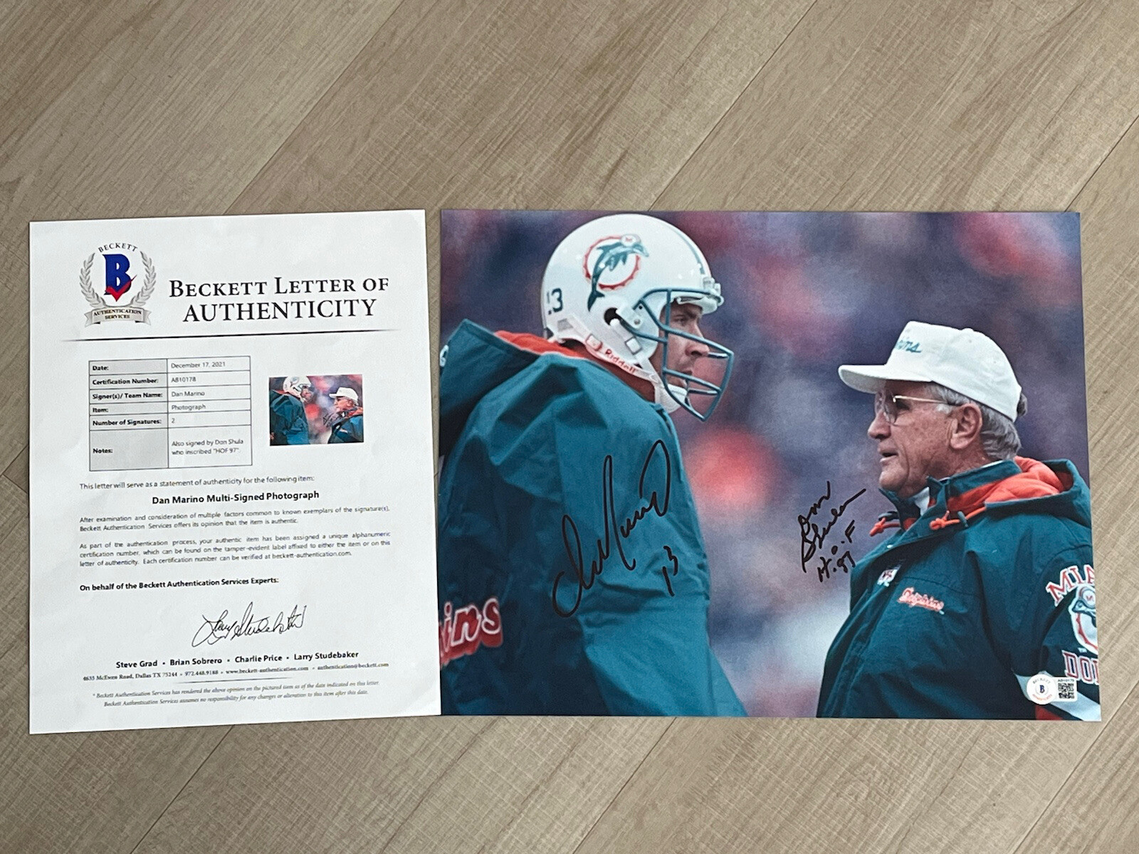 Dan Marino Don Shula Dual Signed Miami Dolphins 11x14 Photo BECKETT LETTER CERT