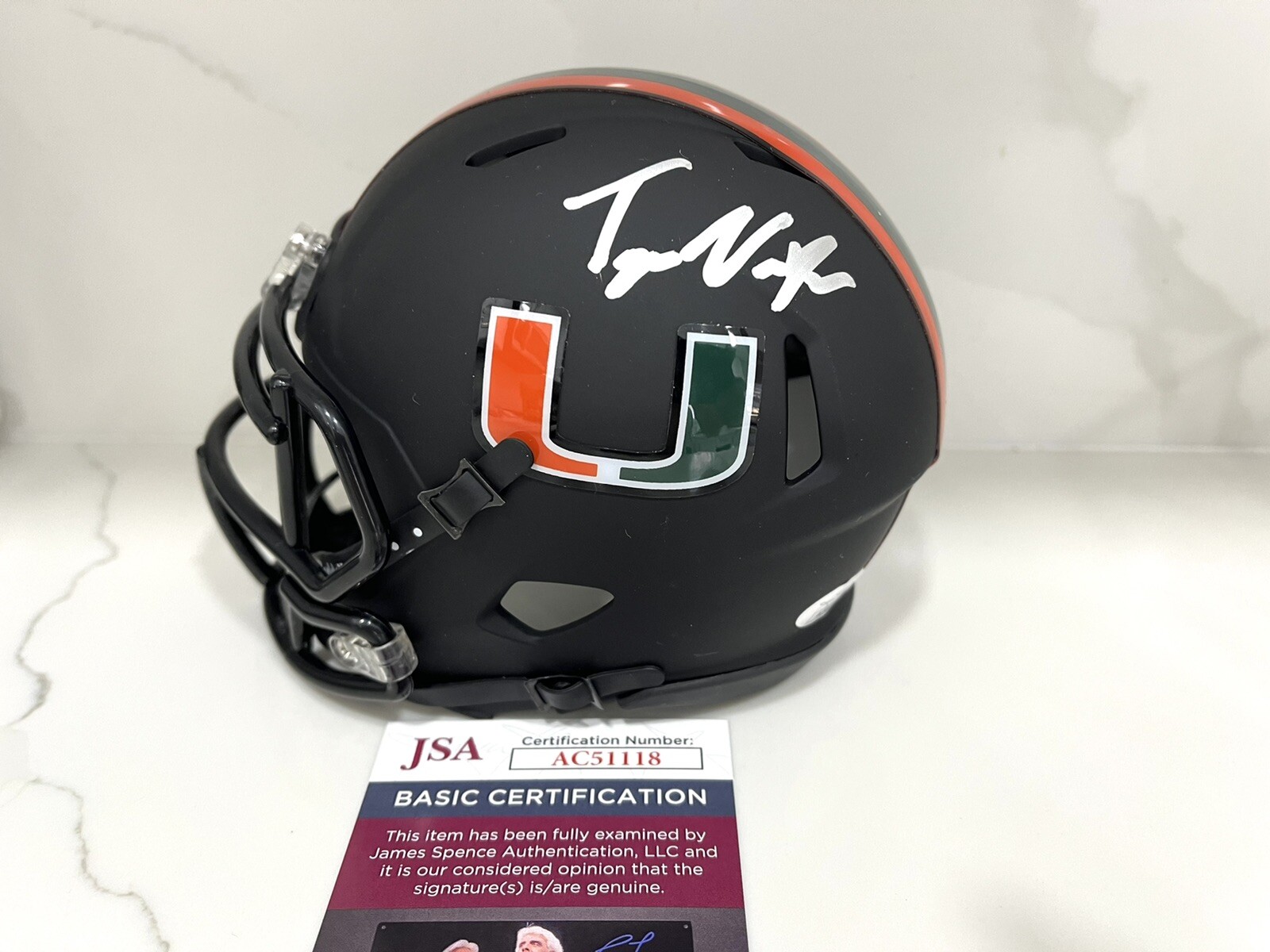 Tyler Van Dyke Hand Signed Miami Hurricanes Mini Helmet JSA CERT