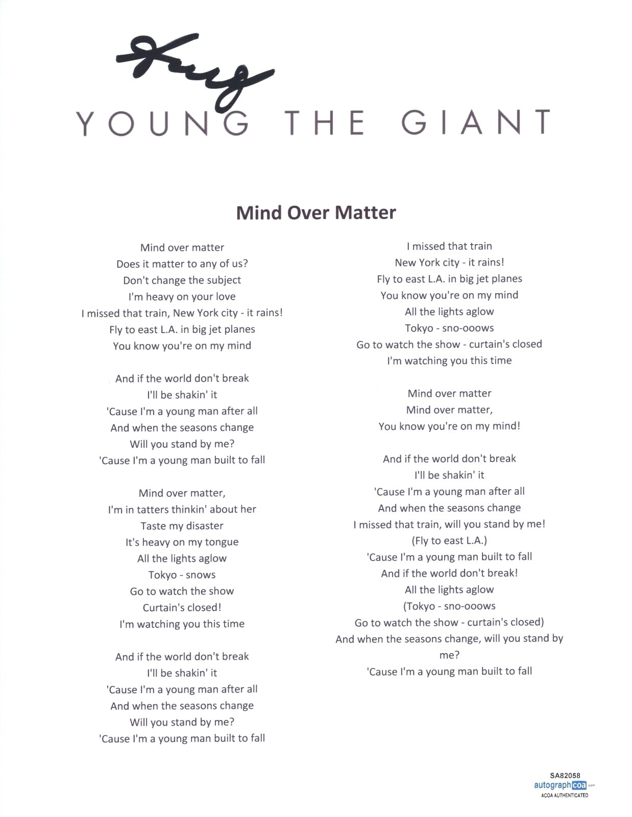 SAMEER GADHIA SIGNED YOUNG THE GIANT MIND OVER MATTER SONG LYRIC SHEET ACOA COA COLLECTIBLE MEMORABILIA