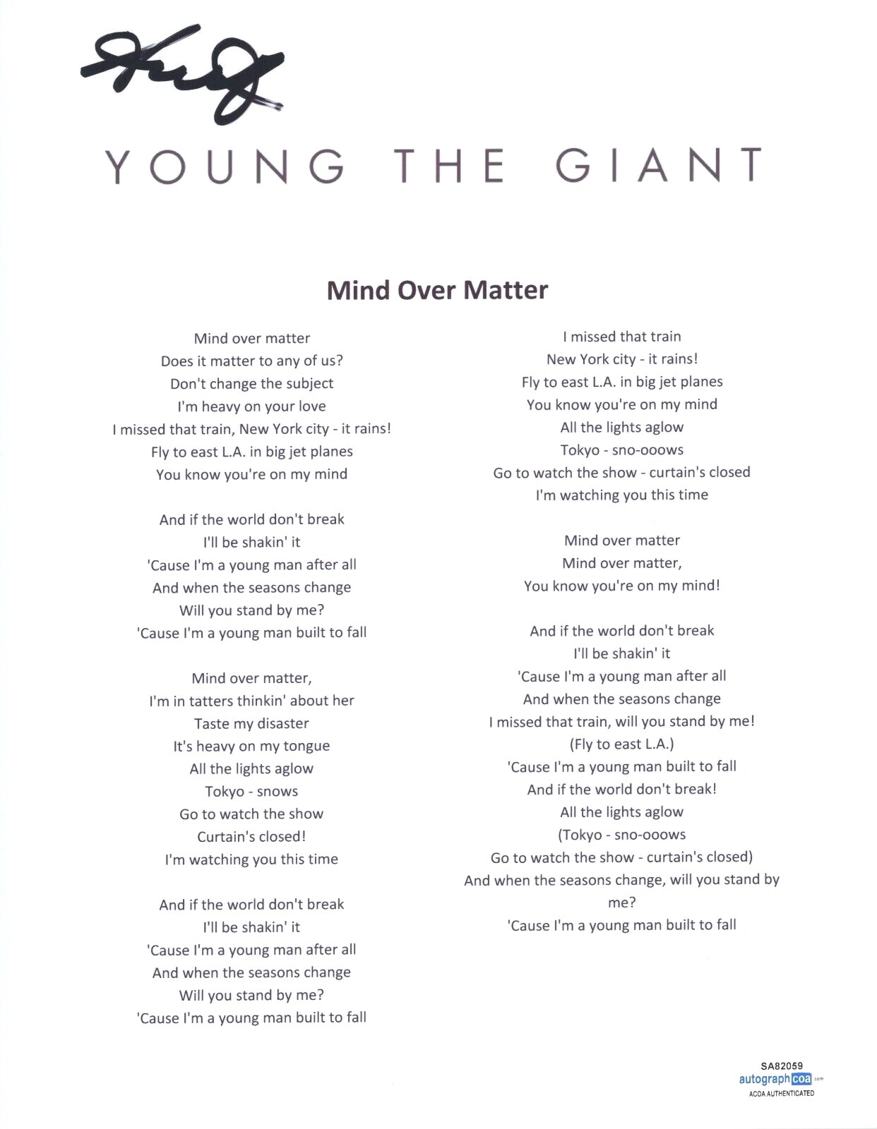 SAMEER GADHIA SIGNED YOUNG THE GIANT MIND OVER MATTER SONG LYRIC SHEET ACOA COA COLLECTIBLE MEMORABILIA