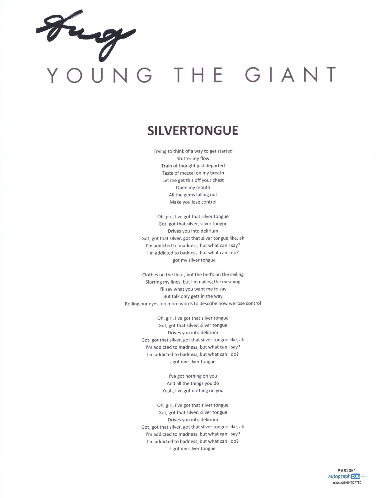 SAMEER GADHIA SIGNED YOUNG THE GIANT SILVERTONGUE SONG LYRIC SHEET ACOA COA COLLECTIBLE MEMORABILIA