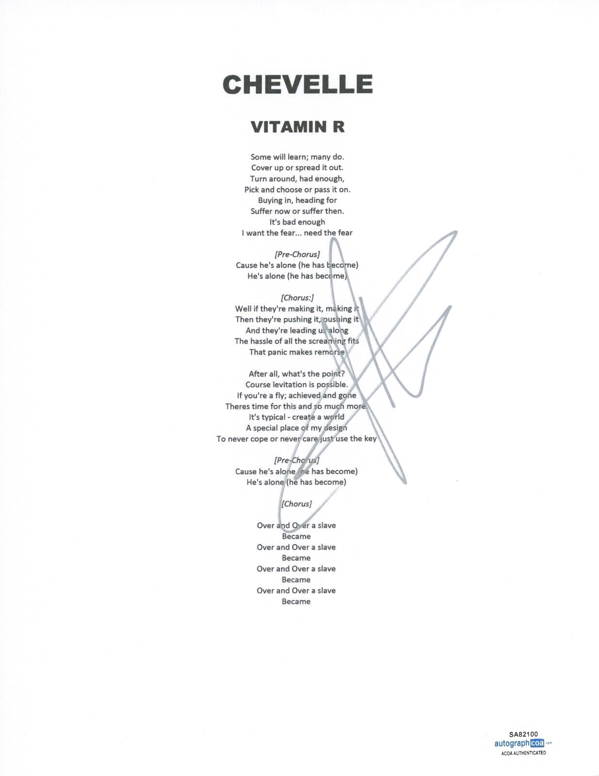 PETE LOEFFLER SIGNED AUTOGRAPHED CHEVELLE VITAMIN R SONG LYRIC SHEET ACOA COA COLLECTIBLE MEMORABILIA