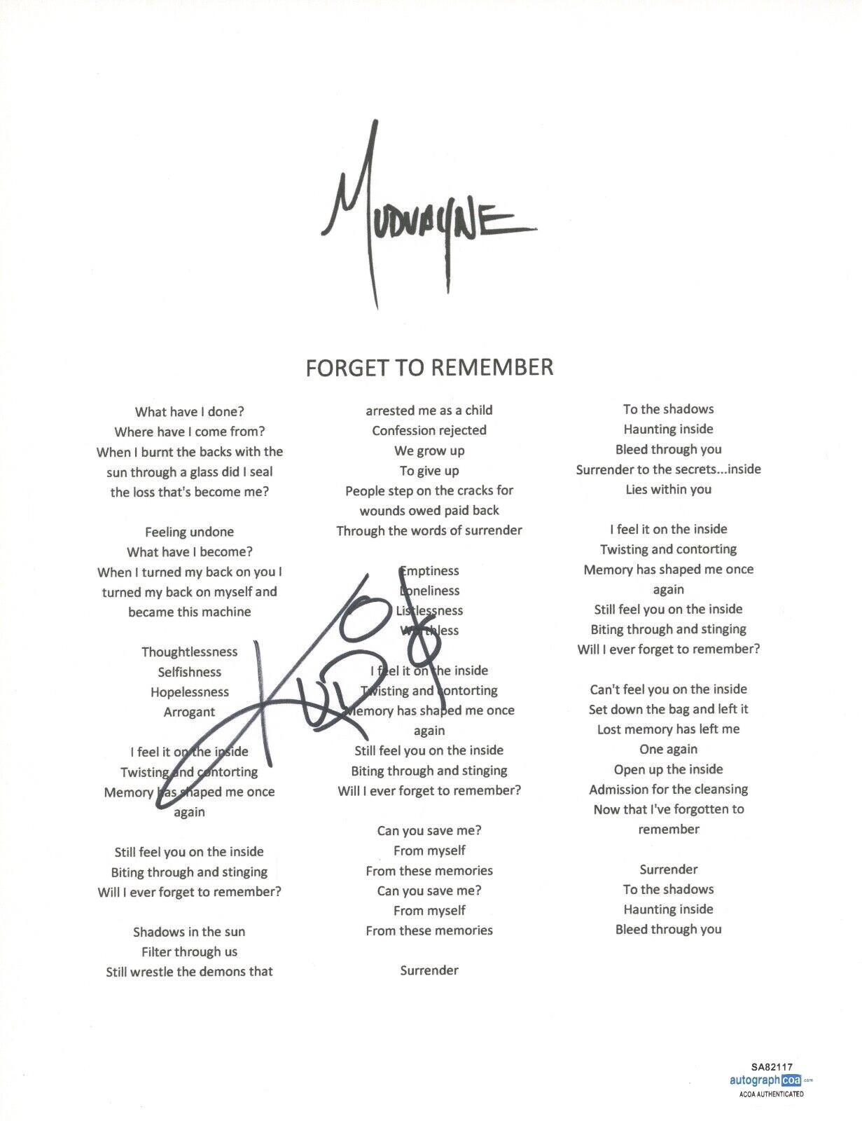 Chad Gray Kud Signed Autograph Mudvayne Forget To Remember Lyric Sheet ACOA COA