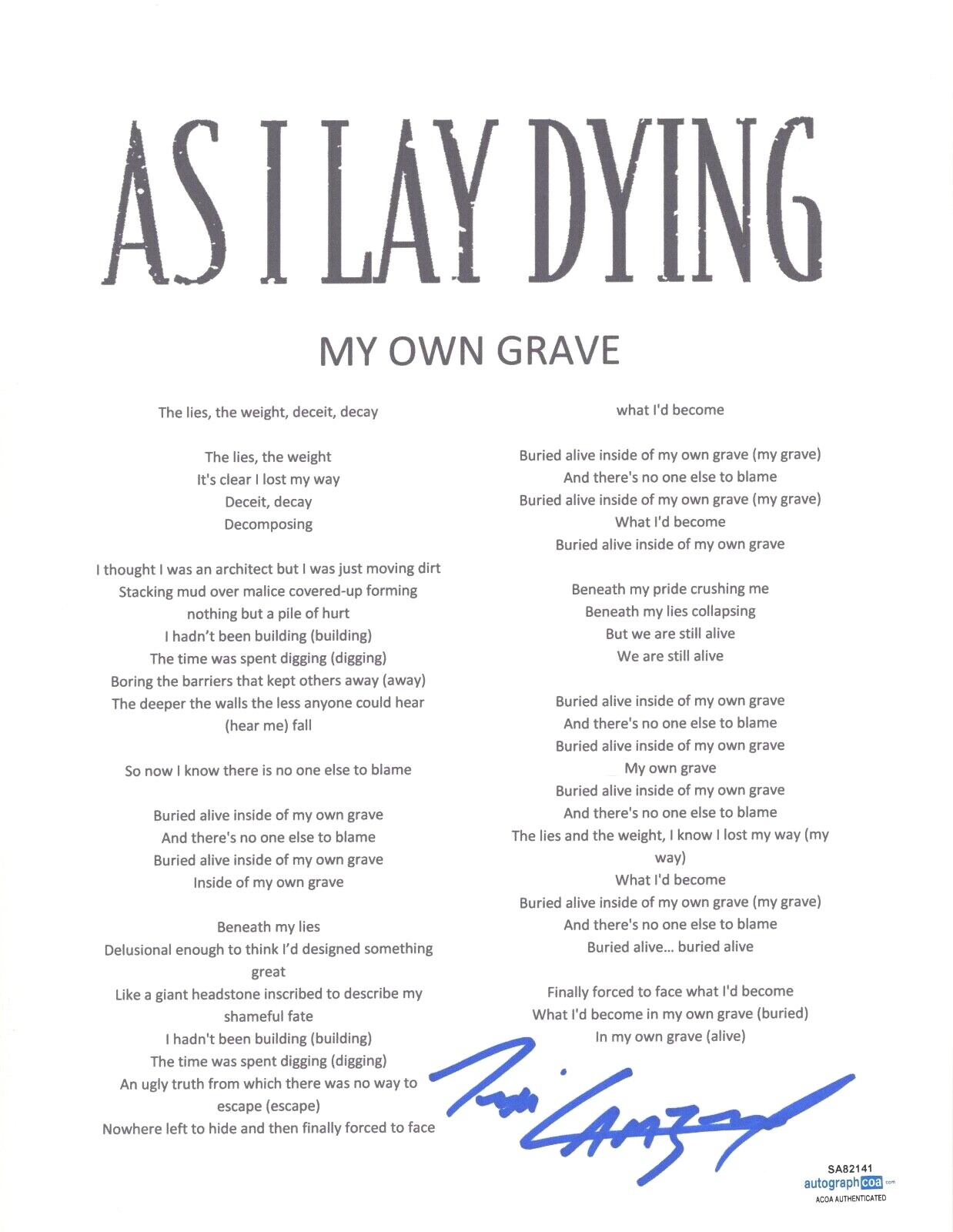 Tim Lambesis Signed As I Lay Dying My Own Grave Song Lyric Sheet ACOA COA