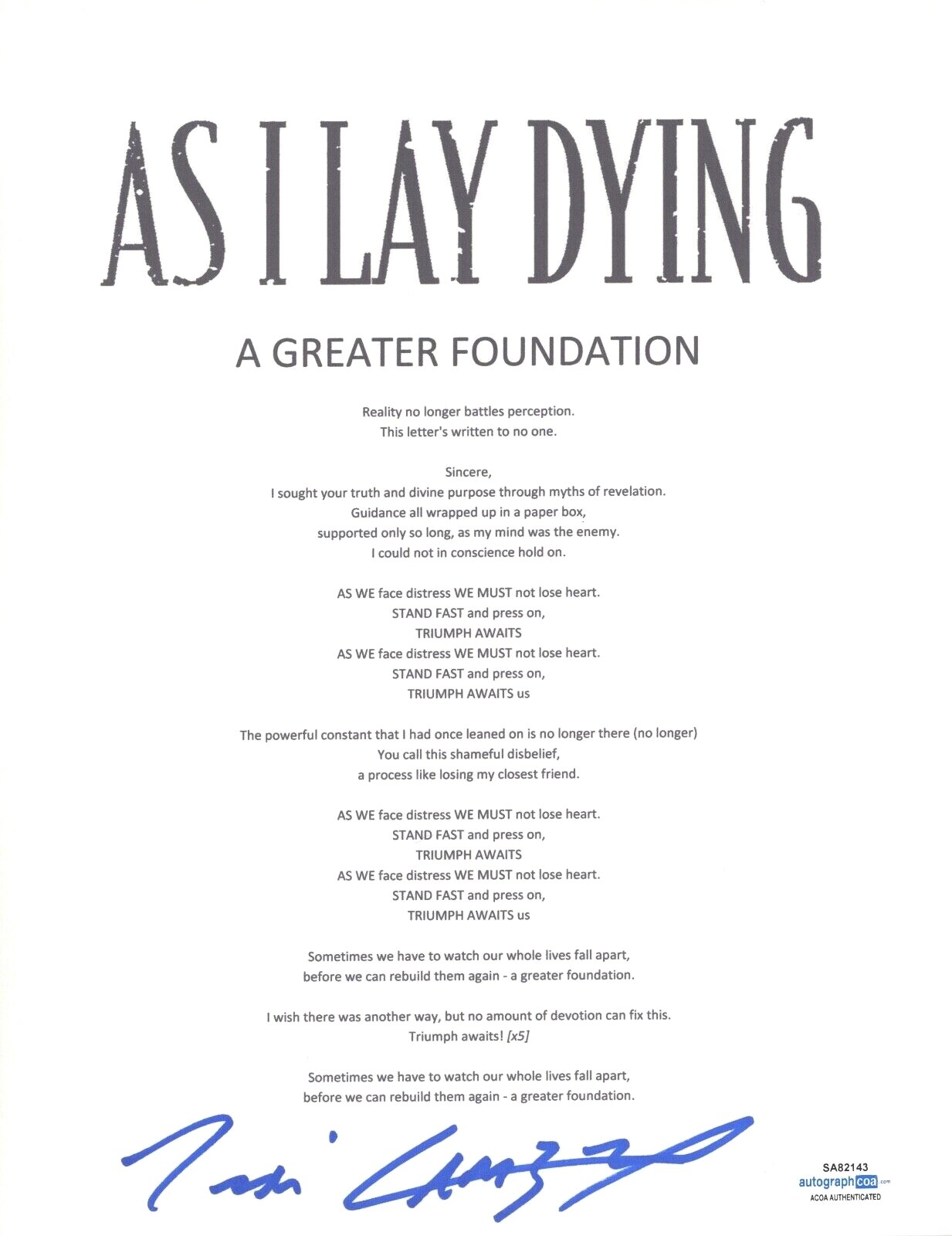 Tim Lambesis Signed As I Lay Dying A Greater Foundation Lyric Sheet ACOA COA