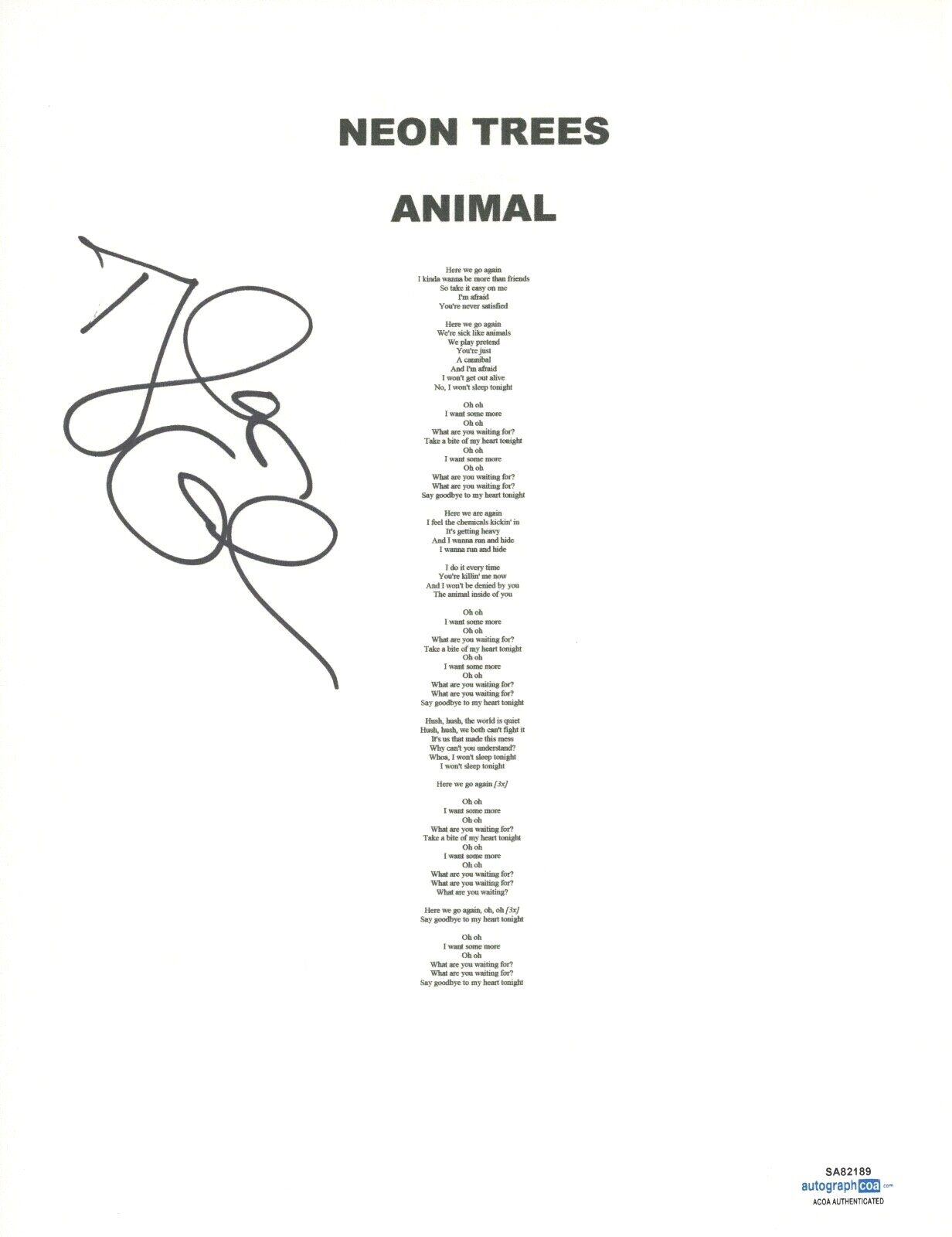 TYLER GLENN SIGNED AUTOGRAPHED NEON TREES ANIMAL SONG LYRIC SHEET ACOA COA COLLECTIBLE MEMORABILIA