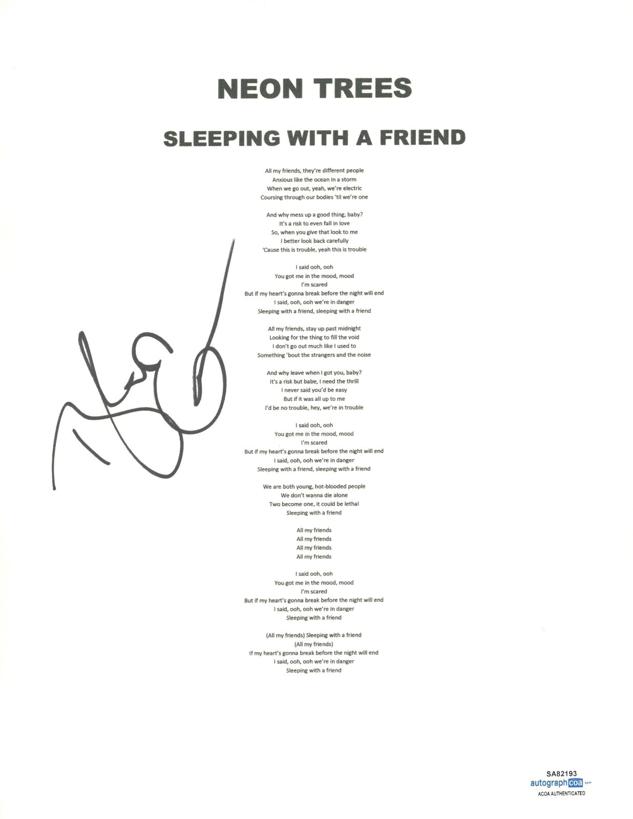 TYLER GLENN SIGNED NEON TREES SLEEPING WITH A FRIEND SONG LYRIC SHEET ACOA COA COLLECTIBLE MEMORABILIA