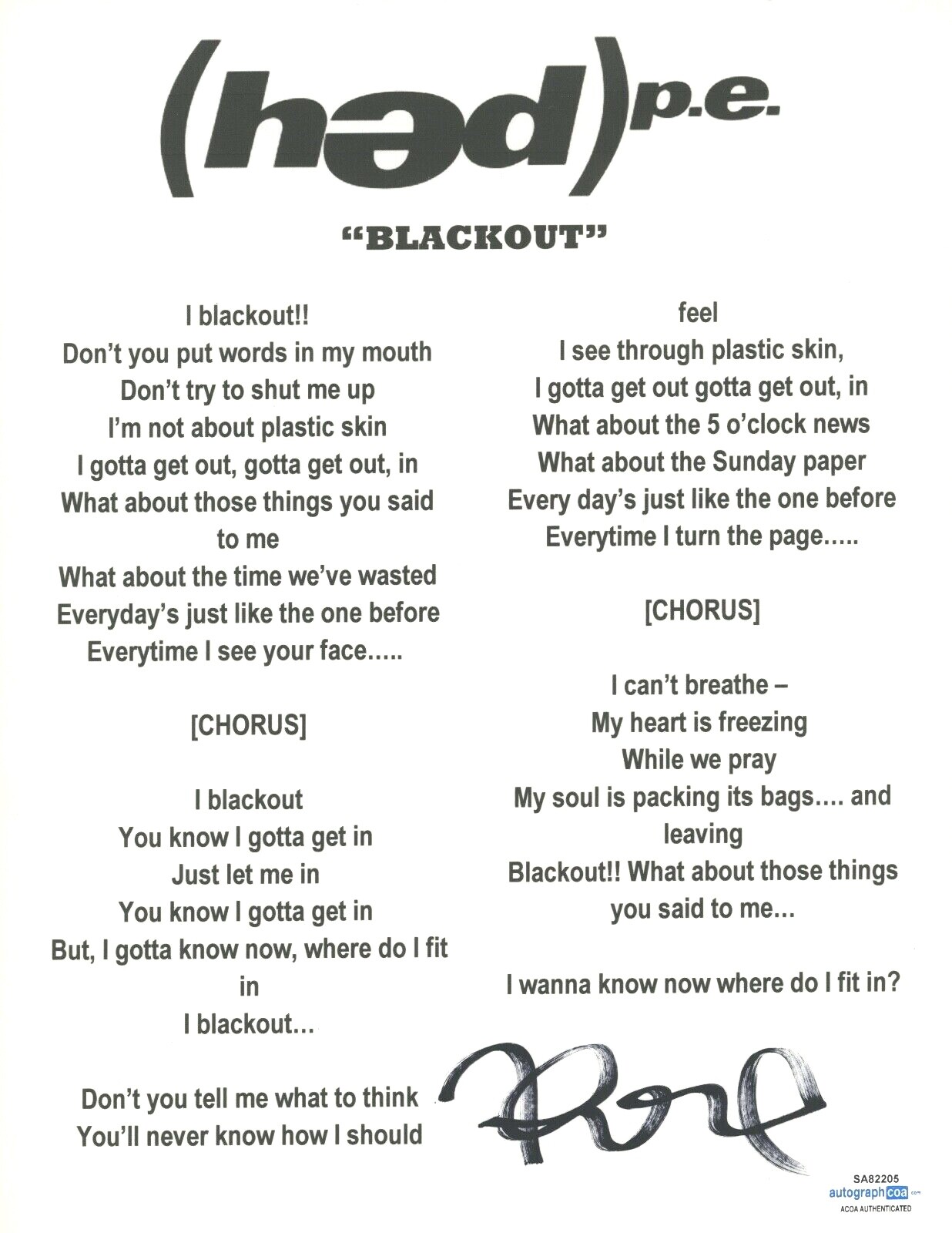 JARED GOMES SIGNED AUTOGRAPHED HED PE BLACKOUT SONG LYRIC SHEET ACOA COA COLLECTIBLE MEMORABILIA