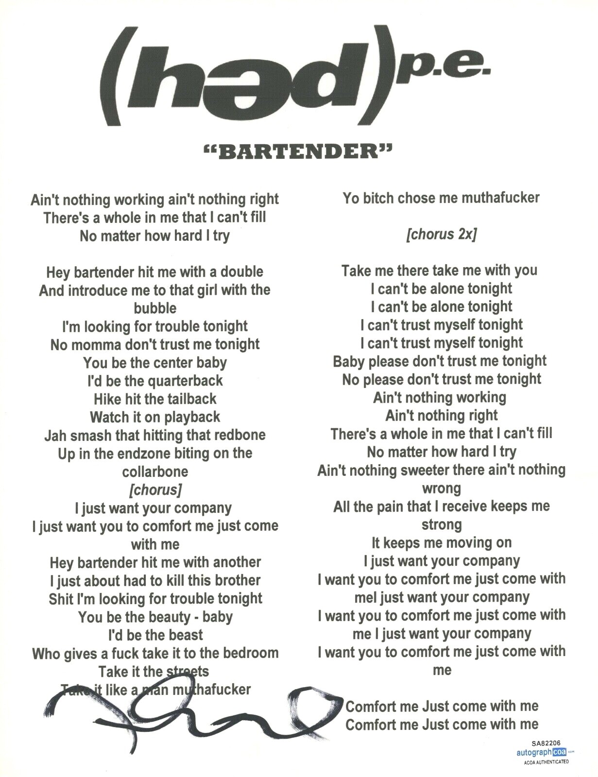 Jared Gomes Signed Autographed Hed PE Bartender Song Lyric Sheet ACOA COA