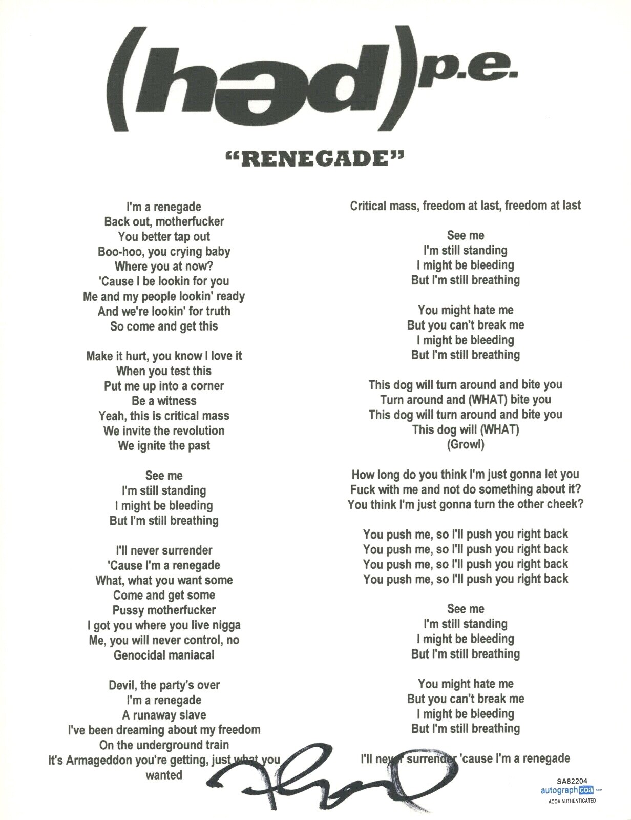 JARED GOMES SIGNED AUTOGRAPHED HED PE RENEGADE SONG LYRIC SHEET ACOA COA COLLECTIBLE MEMORABILIA