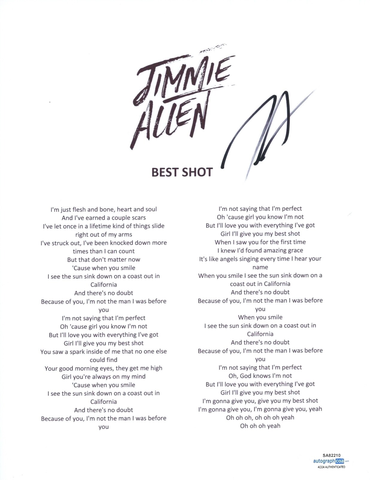 Jimmie Allen Signed Autographed Best Shot Song Lyric Sheet Country Star ACOA COA