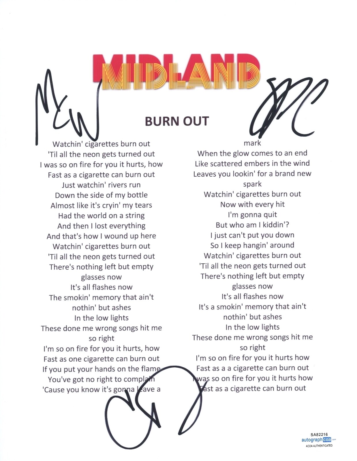 MIDLAND SIGNED AUTOGRAPHED BURN OUT LYRIC SHEET X3 MARK JESS CAMERON ACOA COA COLLECTIBLE MEMORABILIA