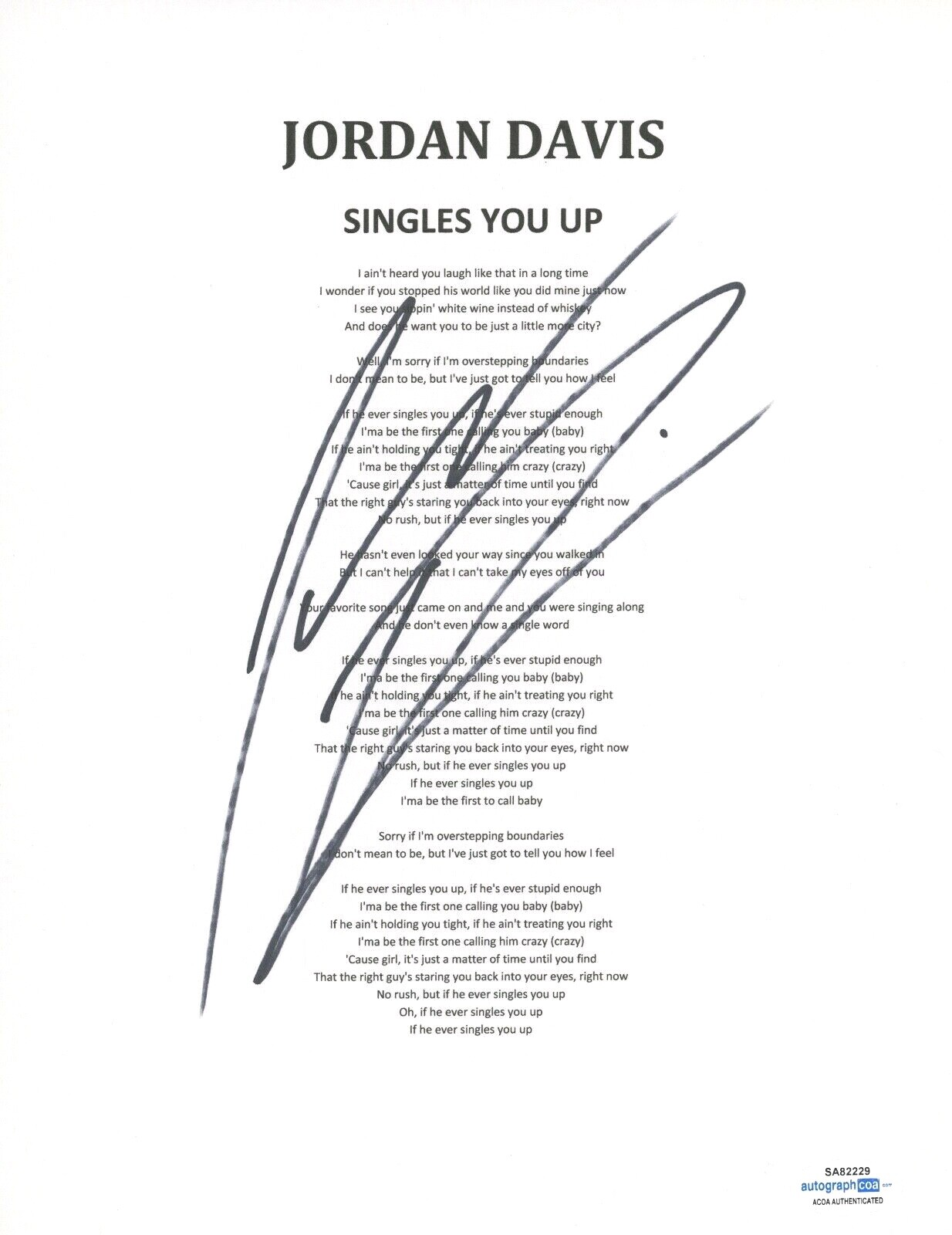 Jordan Davis Signed Autographed Singles You Up Lyric Sheet Country Star ACOA COA
