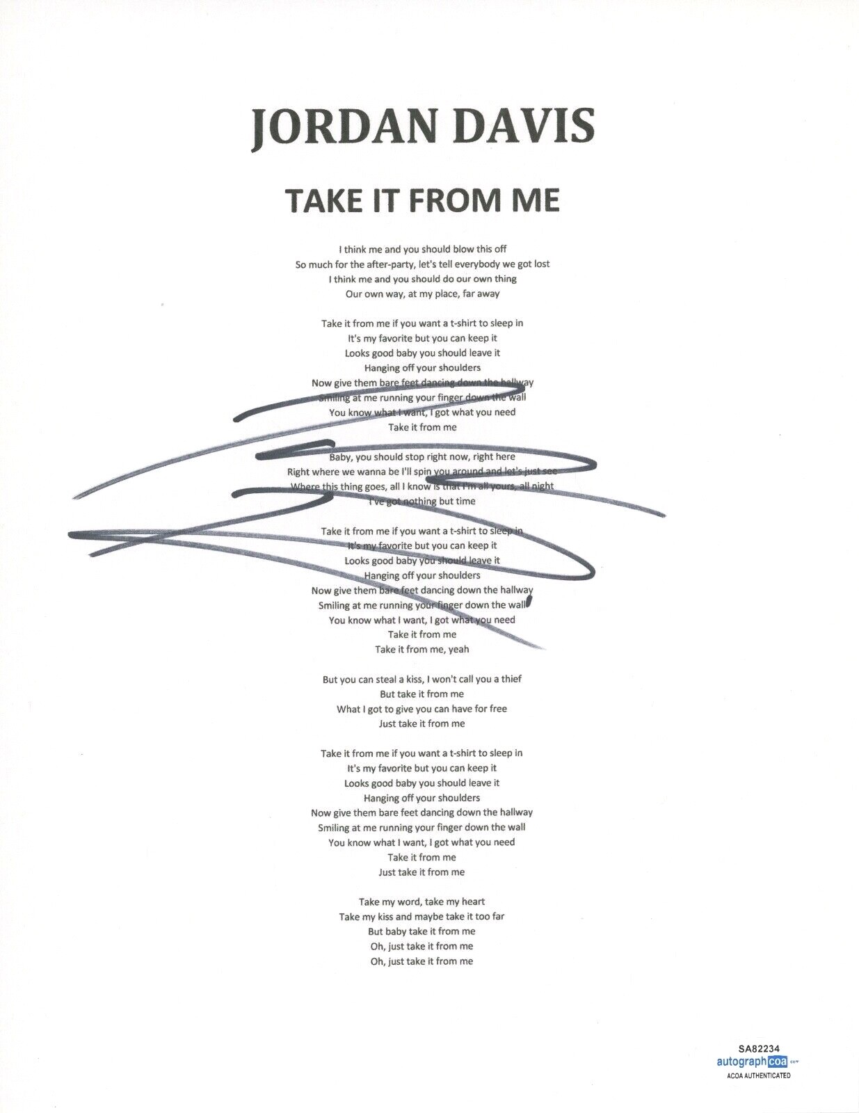 Jordan Davis Signed Autograph Take It From Me Lyric Sheet Country Star ACOA COA
